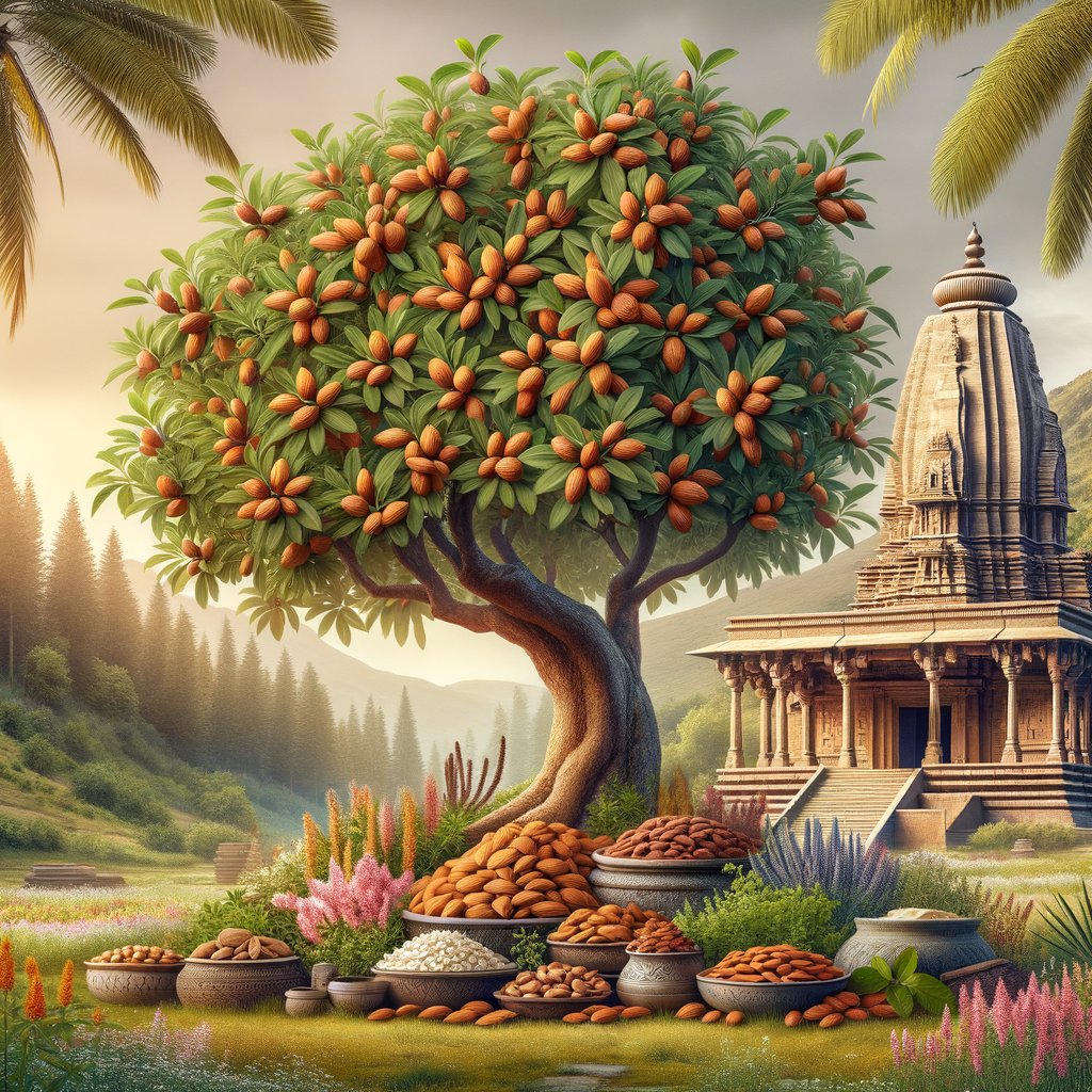 Almond tree with ripe almonds and Ayurvedic herbs near an ancient temple, illustrating the role and benefits of almond trees in Ayurvedic medicine and therapy.
