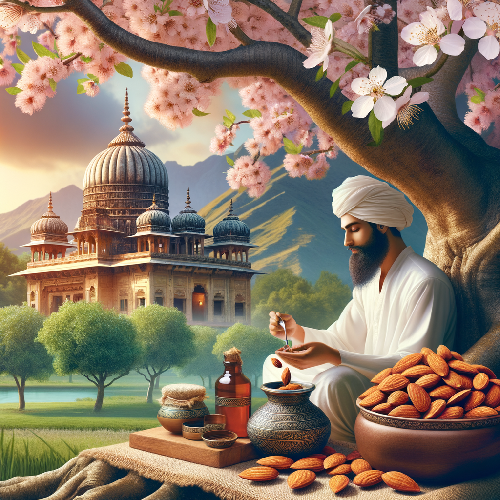 Traditional Indian medicine practitioner preparing Ayurvedic almond treatments under a blooming almond tree near an ancient Ayurvedic temple, showcasing almond tree benefits and medicinal uses of almond in Ayurveda.