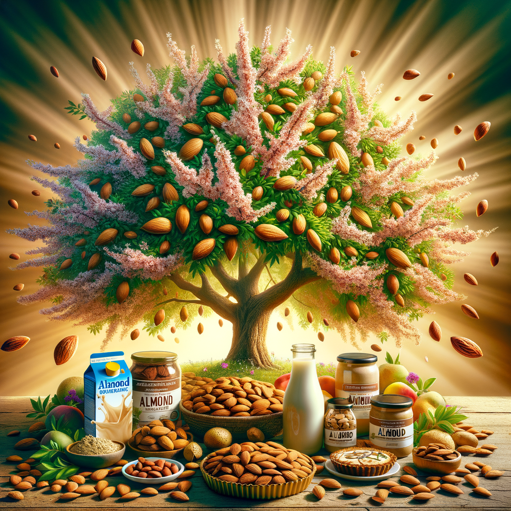 Almond tree flourishing with ripe almonds, showcasing the nutritional value and health benefits of almonds in vegan diets, alongside almond-based vegan recipes and products.