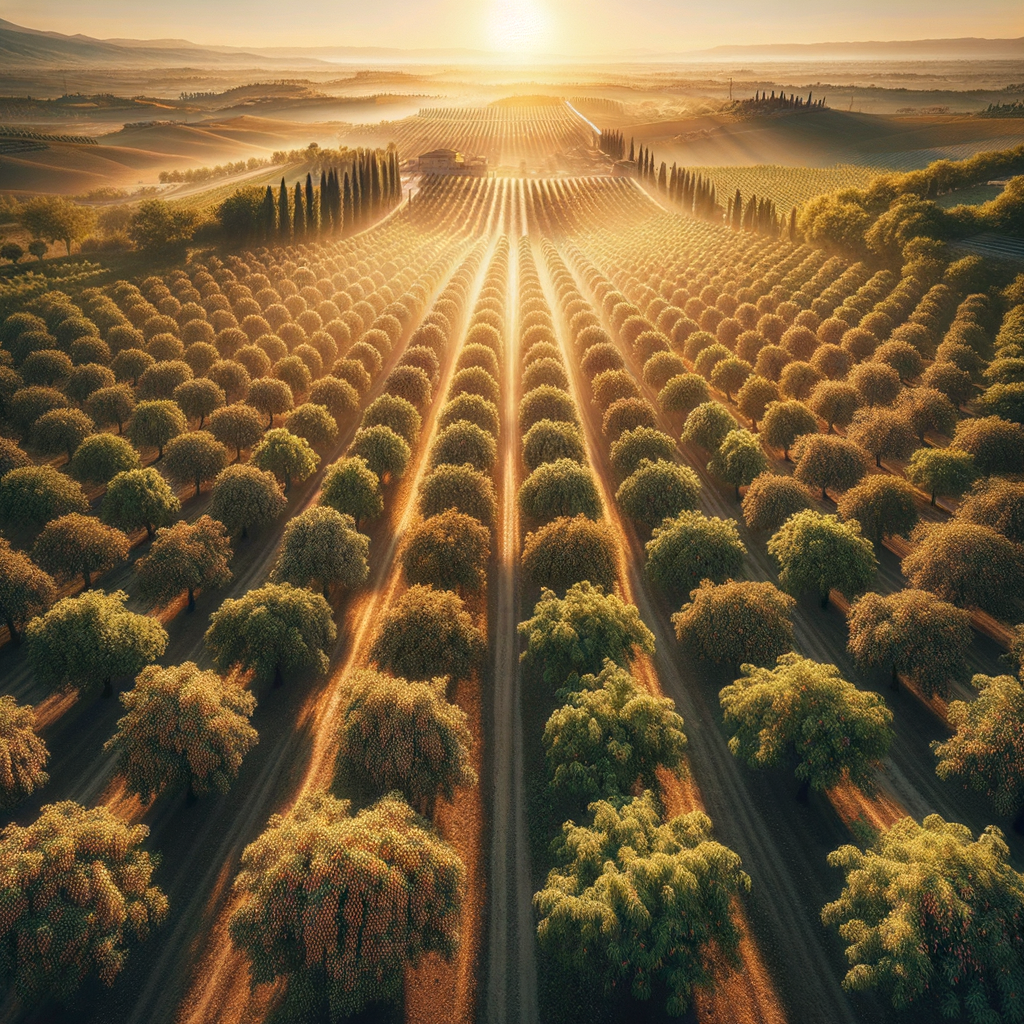 Panoramic view of diverse Italian almond tree plantations, showcasing the significant role and contribution of almond farming to the Italian almond production industry.