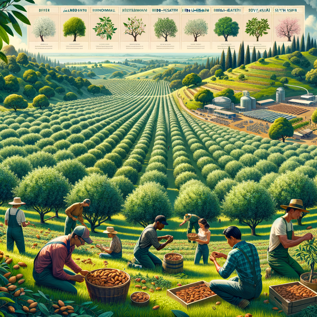 Farmers practicing traditional almond harvesting and almond tree care on a lush almond farm during harvest season, showcasing almond tree cultivation, various almond tree varieties, and organic almond farming techniques for optimal almond production.