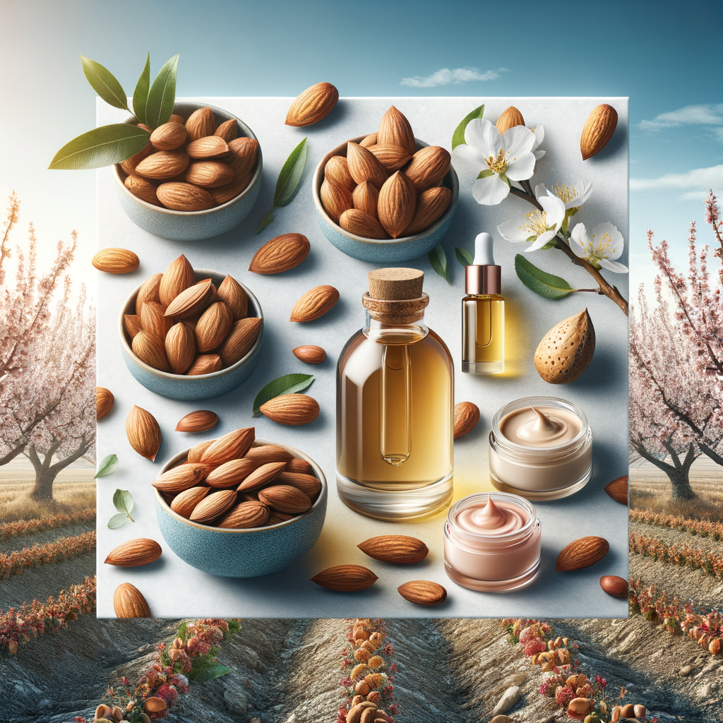 Almond tree cultivation field with almond oil and almond-based skincare products showcasing the benefits of almond in cosmetics and beauty industry