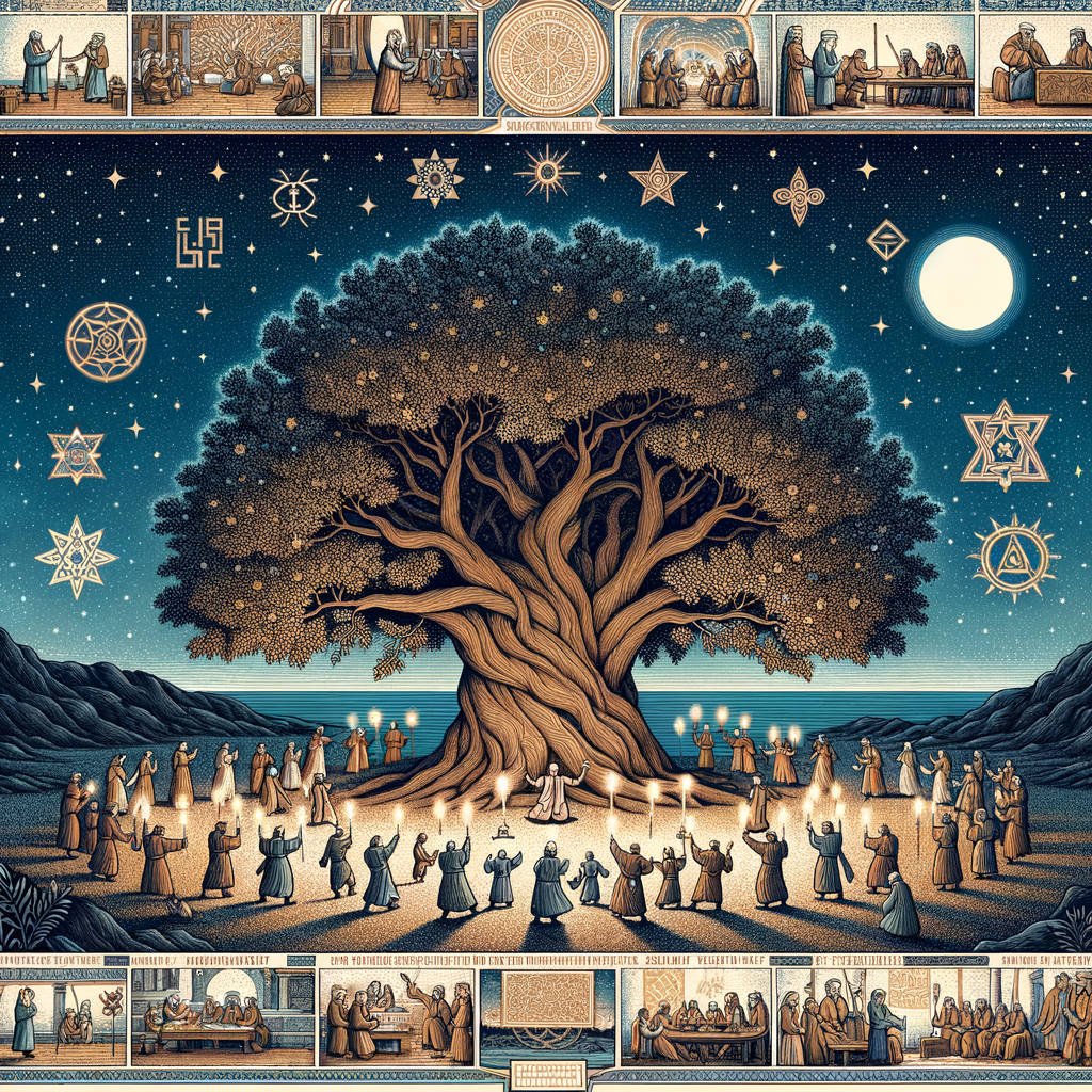 Enchanting illustration of an ancient almond tree under a starlit sky, depicting almond tree folklore, myths, legends, and traditional almond stories, symbolizing the cultural significance and historical traditions of almond trees.