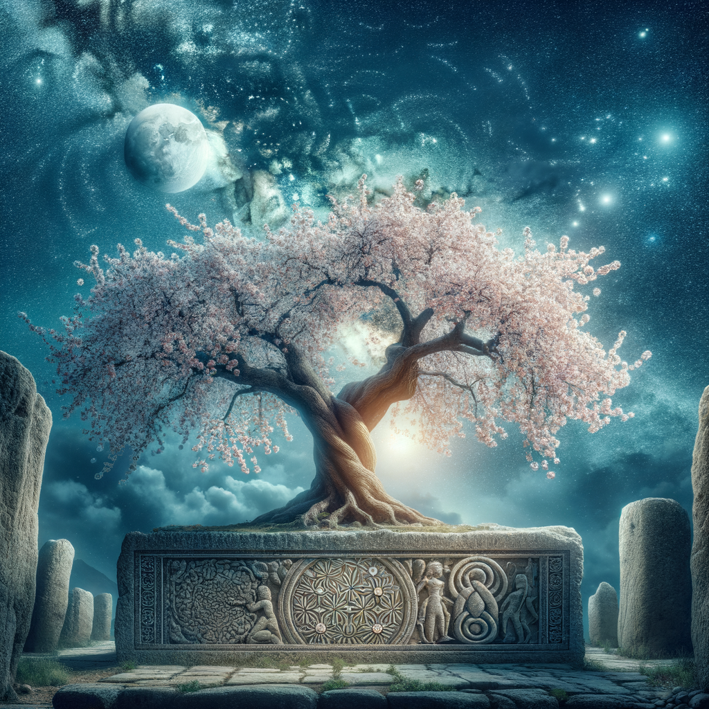 Majestic almond tree under starry sky, surrounded by ancient stone carvings depicting almond symbolism in mythology, reflecting almond trees history and significance in ancient cultures and literature.