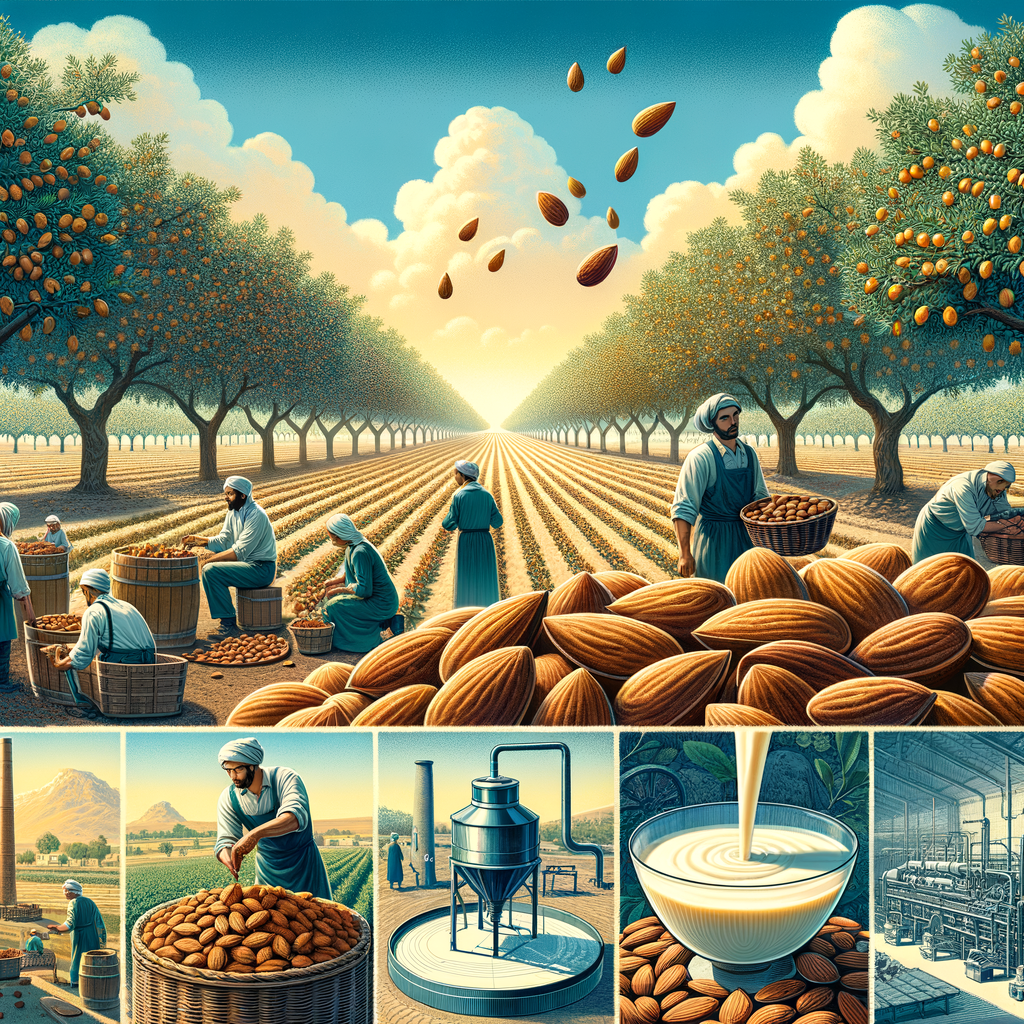 Almond trees in an almond farm illustrating almond milk production history, almond farming techniques, almond milk benefits, and the almond harvesting process for almond milk industry.